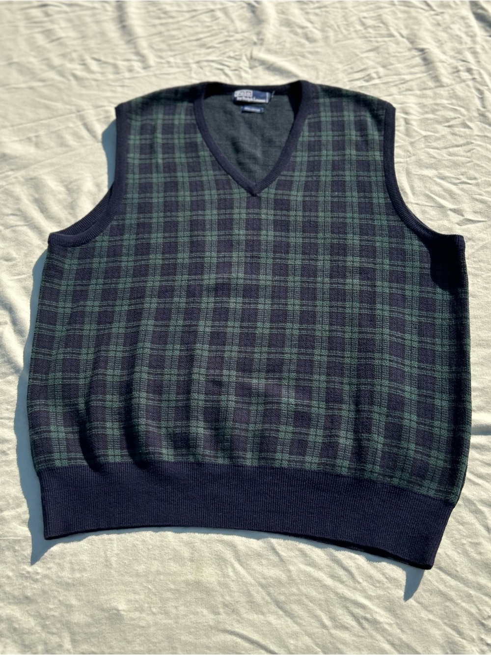 Plaid V-Neck Sweater Vest - Navy & Forest Green